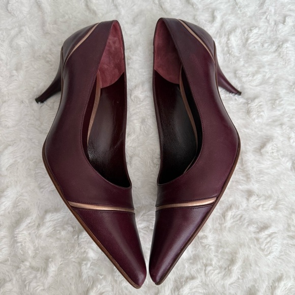 FURLA Leather Pointed Toe Kitten Heel Pumps in Burgundy - Picture 5 of 10